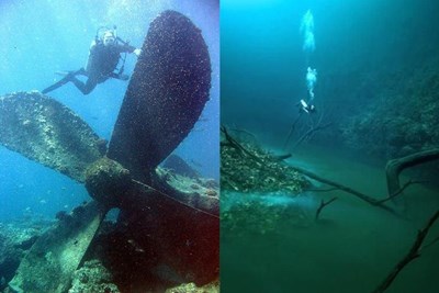 A diver with a sunken plane propeller and an undersea river in the Black Sea.