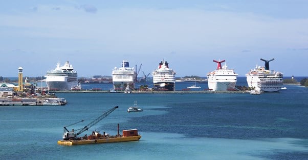 a Caribbean port filled with docked cruise ships
