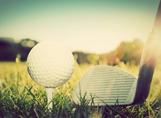 a close up shot of a golf ball about to be driven down a fairway