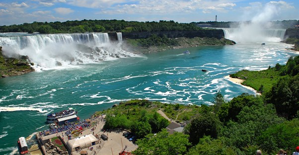 a view of the two major falls of niagra falls from the Canada side of the border