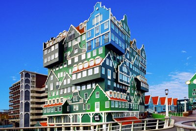 The Inntel Hotel in Amsterdam seems to be made of little houses stacked on top of one another.