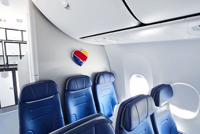 The sunlit interior of a new Southwest Airlines plane
