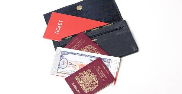 a travel wallet is filled with passport, id, and other important documents