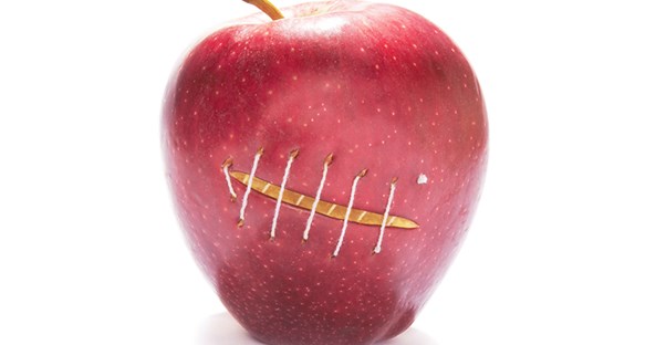 an apple with a scar on it