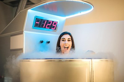 Woman in a Whole-Body Cryotherapy Chamber. 