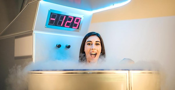 Woman in a Whole-Body Cryotherapy Chamber. 