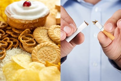 Processed foods and a person breaking a cigarette