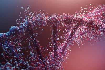 A digital representation of a DNA helix surrounded by tiny red, white, and purple editing particles as a non-scientific illustration of CRISPR technology.